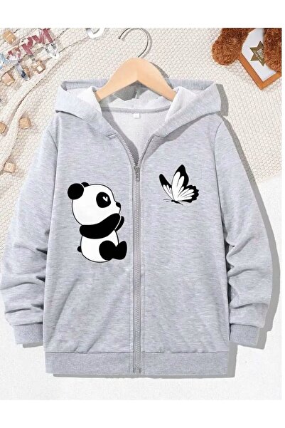 AZIZI TEKSTIL Cardigan cu glugă și fermoar, cu imprimeu cu fluturi și panda gri