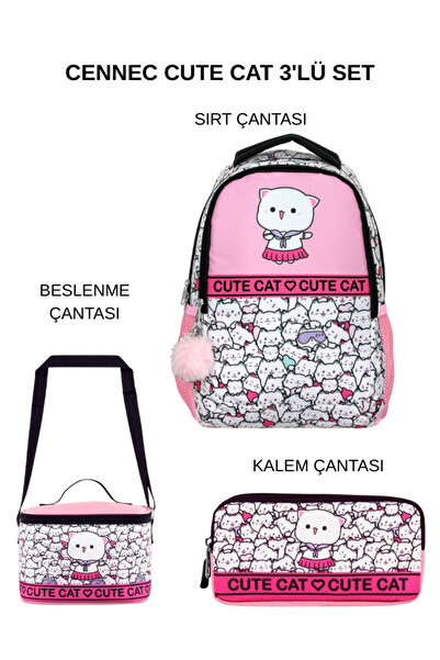 ÜMİT ÇANTA Cennec Cute Cat School Bag Set – Backpack + Thermal Lunch Bag + Pe...