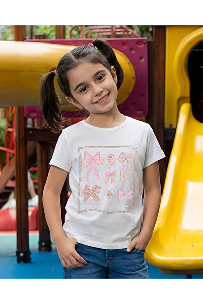 REDTAG Girls White Bow Embellished Rhinestonete T-Shirt
