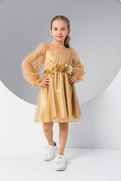 incity فستان قصير من التول بحزام مزين بالزهور للفتيات - الموسم الجديد