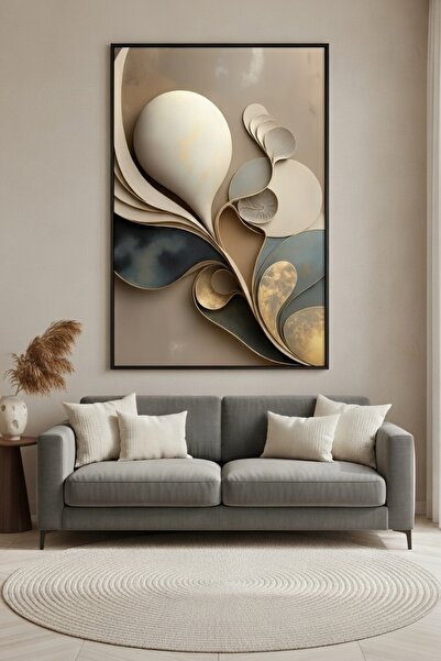 hollywest Bej ve Gold Detaylı Soyut Duvar Sanatı | Modern Çerçeveli Tablo