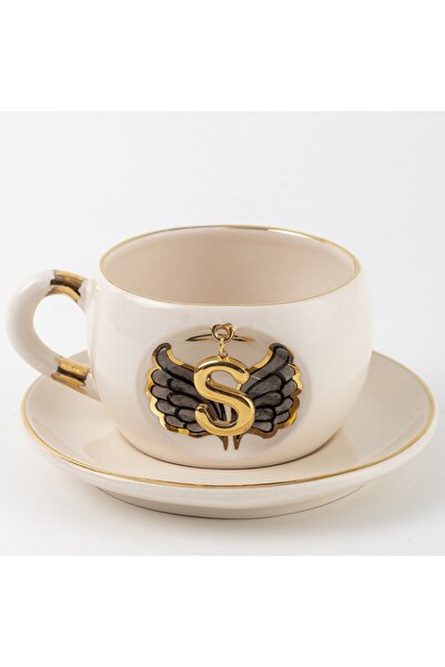 BSK Ceramics Handmade Harfli Siyah Melek Çay Fincanı S Harfi