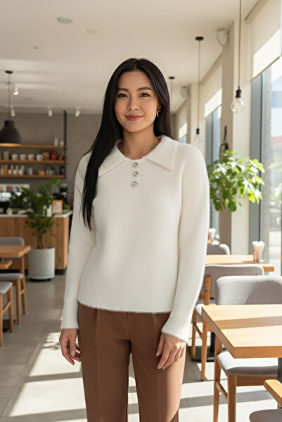 azragül giyim Shirt Collar Buttoned Fleece-Lined Knitwear Sweater