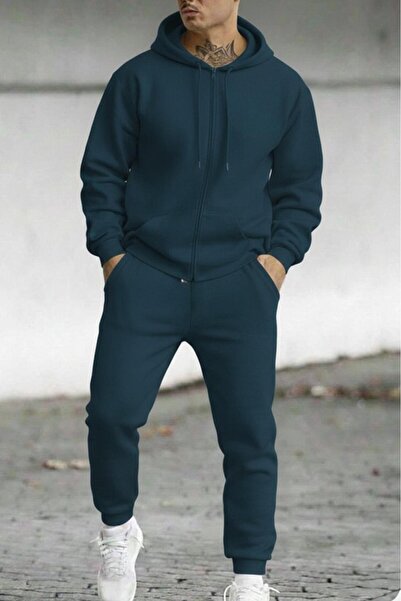 NO 601 Men's Petrol Full Zip Hooded Cardigan Petrol Sweatpants Set