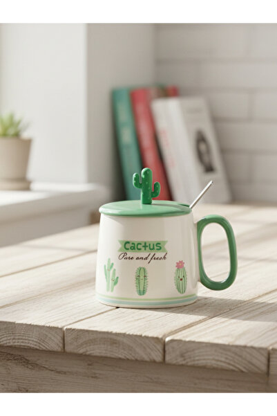 Bam Cute Cactus Ceramic Mug with Spoon and Lid 300 ml