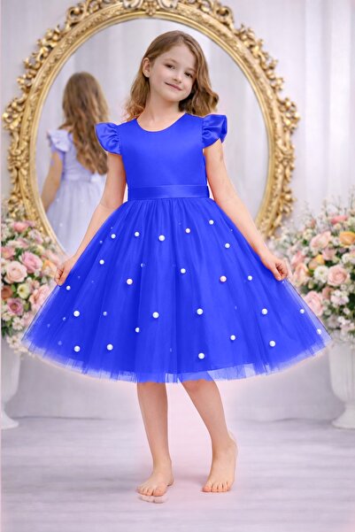 SUNEH Κοριτσίστικο φόρεμα με μπλε βολάν και πέρλες, σατέν φόρεμα για αποφοίτη...