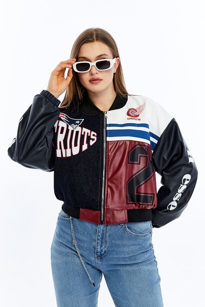 CHOS7N Women's Oversize Printed Denim and Leather Striped Casual Jacket Coat