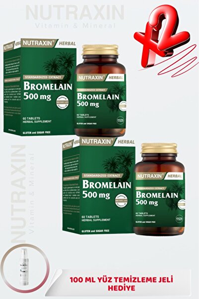Nutraxin Bromelain Her Tablet 500 Mg 60 Tablets (2 Pcs) + 100 ml Facial Clean...