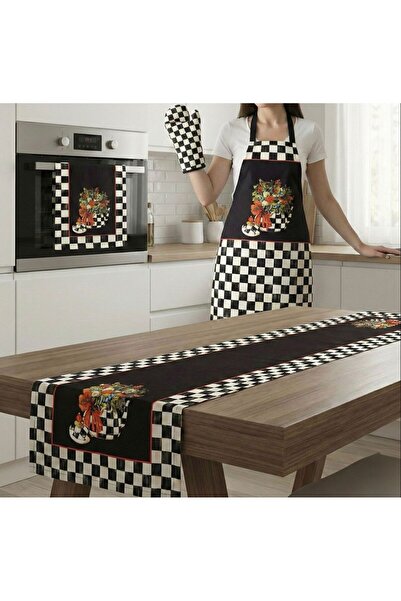 NRZ NEREZ TEKSTİL Çeyizlik Lüks 4 Parça Mutfak Seti Modern Damalı Önlük Runne...