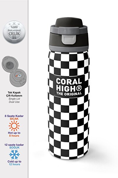 Coral High ترمس فولاذي بنمط مربعات أبيض وأسود مع مصاصة وغطاء للشرب المباشر 80...