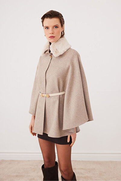 SevdeUgur Γυναικείο Κασμιρένιο Πόντσο με Ζώνη και Γούνινο Γιακά - Sevde Ugur