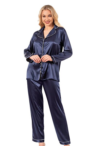 Kompedan Biyeli Uzun Kol Saten Önden Düğmeli Pijama Takımı | Lacivert 7647