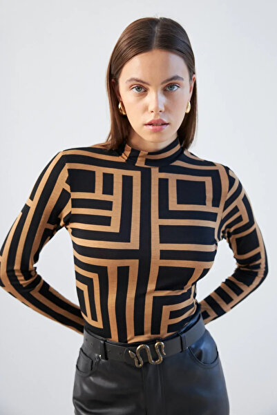 My Blog Camel Black Maze Patterned Blouse