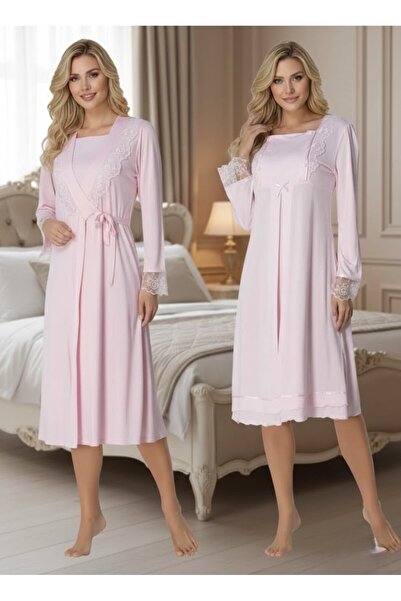 Lohusa Homewear Women's Pink Elegant Lace Embroidered Long Sleeve Maternity N...