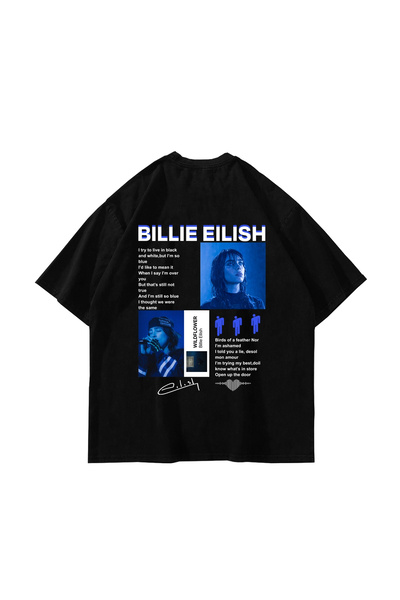 Sekizbiraltı Billie Eilish Wildflower Printed Oversize Unisex Black Tshirt