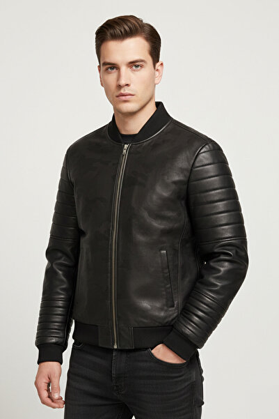 Deriderim سترة بومبر سوداء بأكمام مبطنة من الجلد الطبيعي