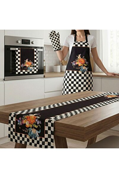 NRZ NEREZ TEKSTİL Çeyizlik Lüks 4 Parça Mutfak Seti Modern Damalı Önlük Runne...