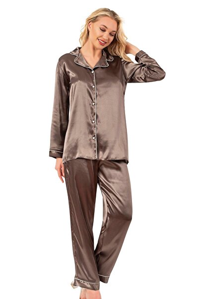 Kompedan Σετ πιτζάμες με μακρύ μανίκι, σατέν, με κουμπιά μπροστά |   Χακί 7647