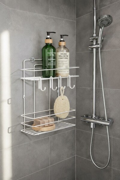 Sas Haus Luxury White Metal 2-Tier Bathroom Shelf with Shampoo Holder and Sho...