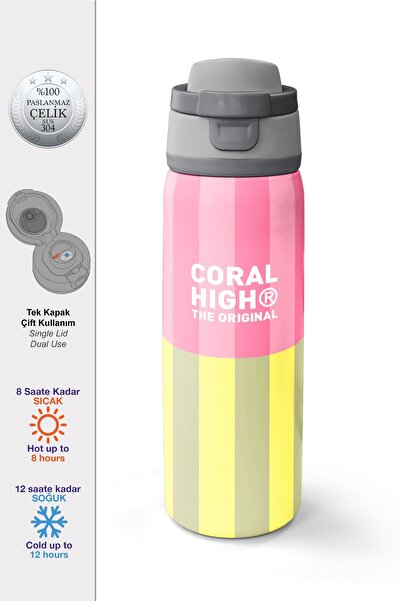 Coral High Pink Yellow Line Patterned Steel Thermos with Straw and Direct Dri...
