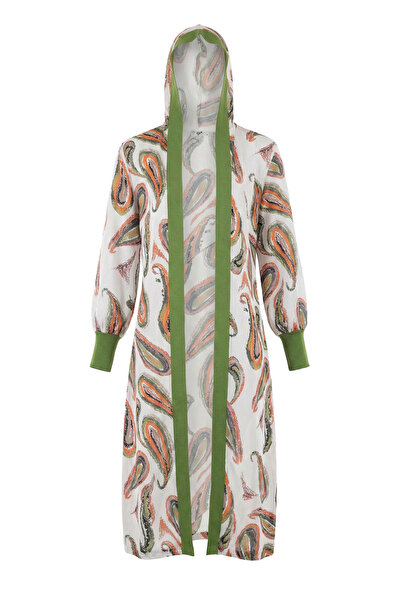 Tığ Triko Γυναικείο Σάλι Με σχέδιο με κουκούλα Ζακέτα - Πράσινο/Πορτοκαλί