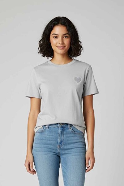 rekor sports Women's Heart Embroidered 100% Cotton Crew Neck Basic T-Shirt