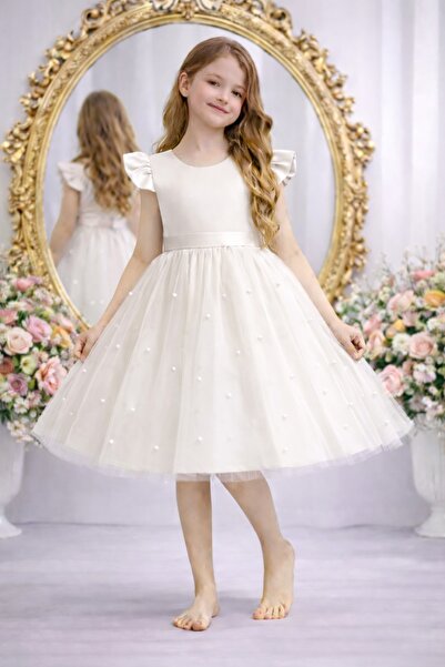 SUNEH Rochie ecru pentru fete, cu mâneci cu volane, din satin perlat, pentru ...