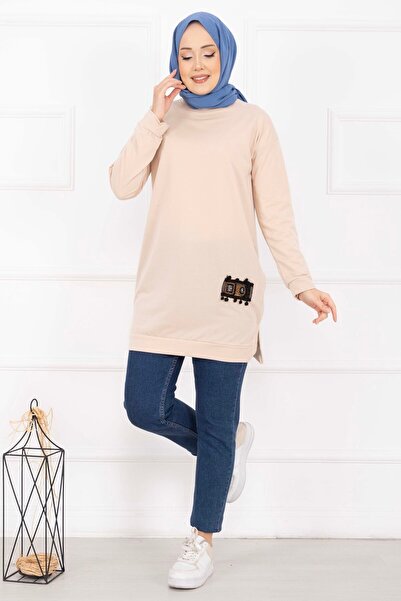 EBRUTESETTÜR Stone Embellished Pompom Hijab Tunic Beige