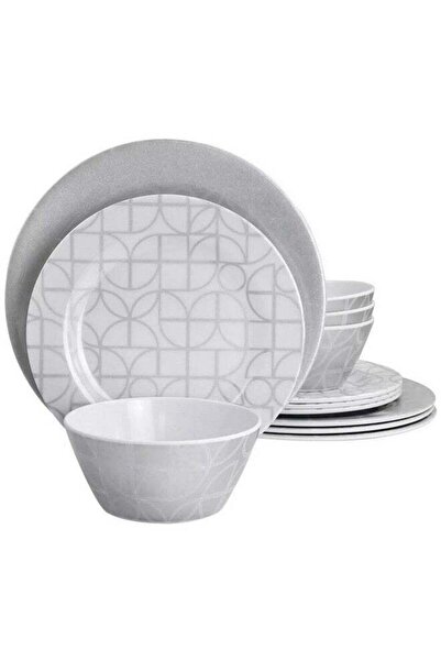 Gibson 12-Piece Summer Bloom Geo Pattern Dinnerware Set Grey and White
