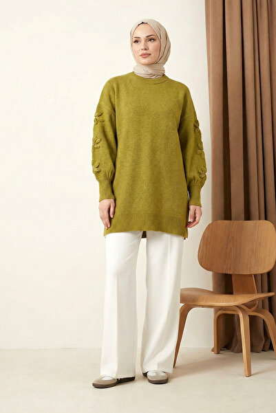 MODAQU Crew Neck Sleeveless Floral Detailed Soft Knitwear Tunic - Olive Green