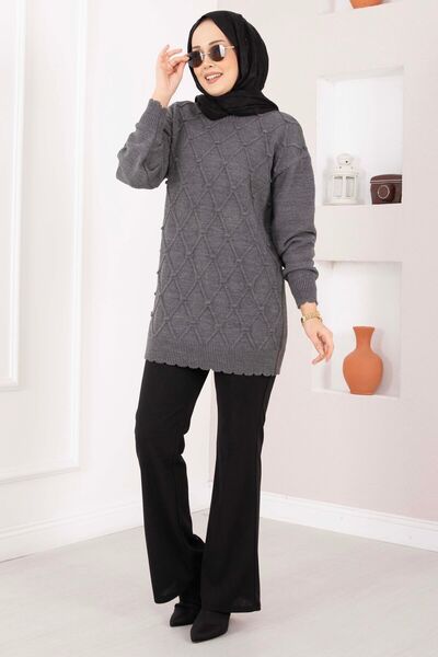 EBRUTESETTÜR Baklava Pattern Pompom Detailed Knitwear Sweater Anthracite