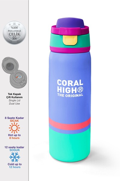 Coral High Deep Blue Colored Steel Thermos with Straw and Direct Drinking Fea...