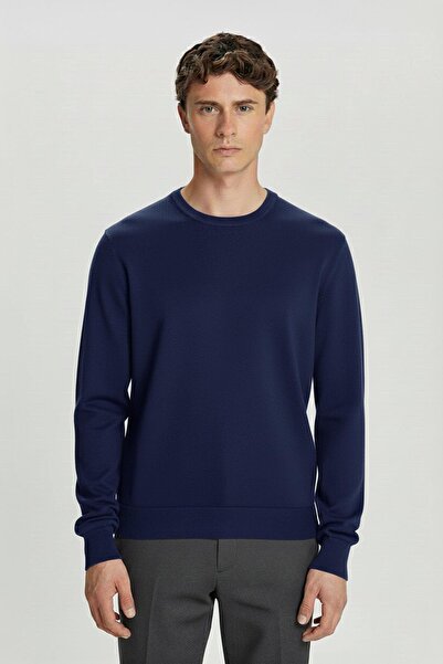 Sabri Özel Standard Fit Indigo Wool Crew Neck Knit Sweater