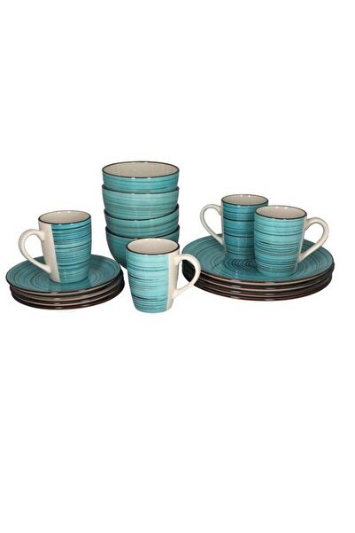 Bien Servi طقم عشاء من الخزف الحجري متعدد الألوان بنقشة مخططة مكون من 16 قطعة