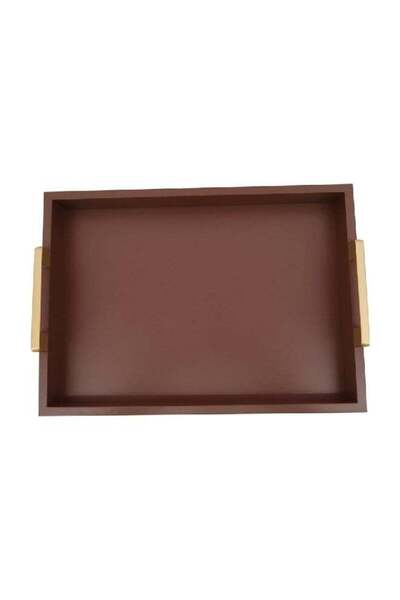 Felli Rectangular Wooden Tray with Handle Matte Brown and Gold 42 cm