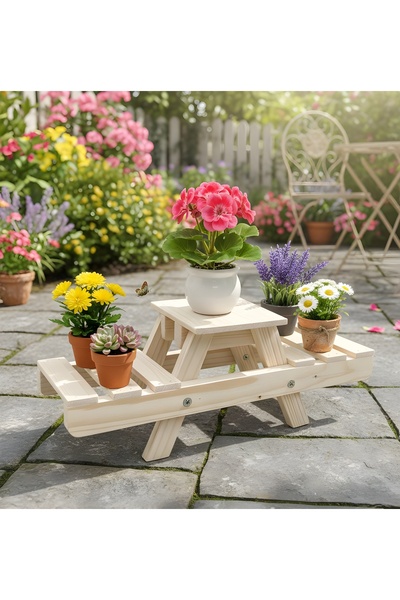 Zelda Dekoratif Ahşap Saksılık Mini Piknik Masa Tasarım Çoklu Saksı Standı