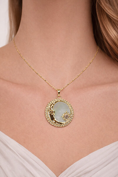 femline قلادة نسائية ذهبية اللون بتصميم القمر والشمس مع أحجار لامعة