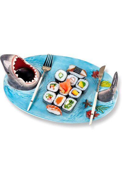 Arabest Handmade Ceramic Shark Sushi Plates,Funny Tray with Dipping Sauce Bowl
