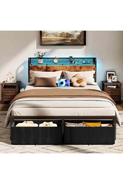 Yanara Queen Bed Frame with Storage Headboard & 2 Drawers, Charging Station &...