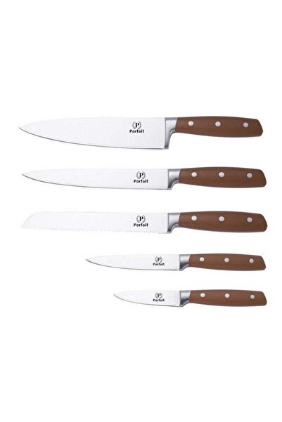 Parfait High Quality Kitchen Knife Set with Leather Stand Silver and Brown
