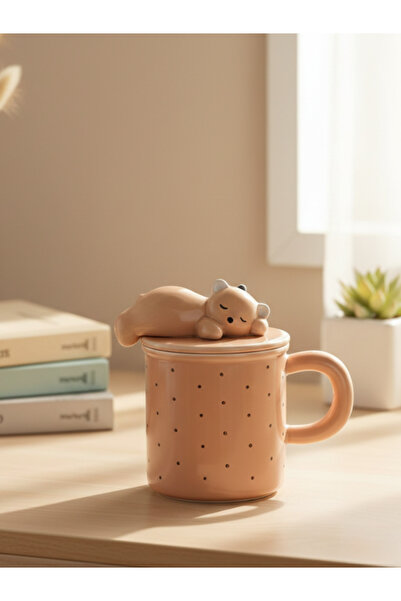 Bam Teddy Bear Figured Dot Patterned Ceramic Mug with Spoon and Lid 350 ml