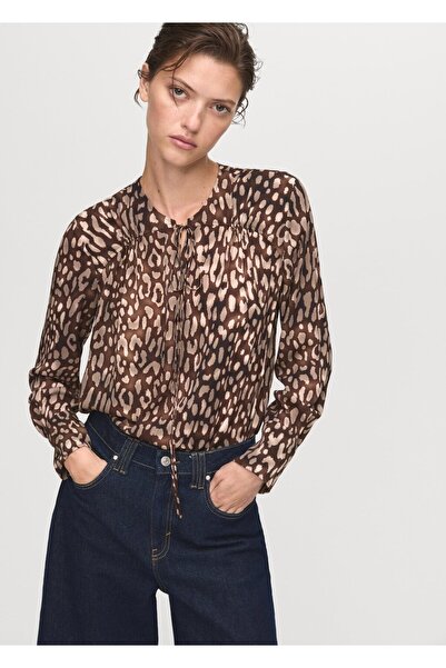 MANGO Woman Leopar desenli bağ detaylı saten bluz