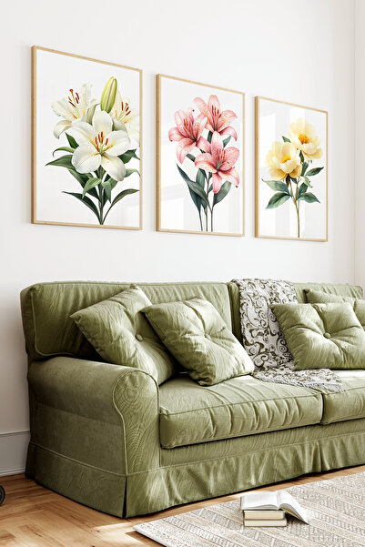 kutuTR Ahşap Çerçeveli 2D UV Baskı 3'lü Tablo set–Lilyum Çiçeği Temal- CRV1351