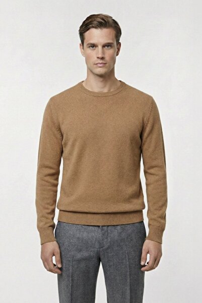 Sabri Özel Standart Fit Camel Yünlü Bisiklet Yaka Triko Kazak