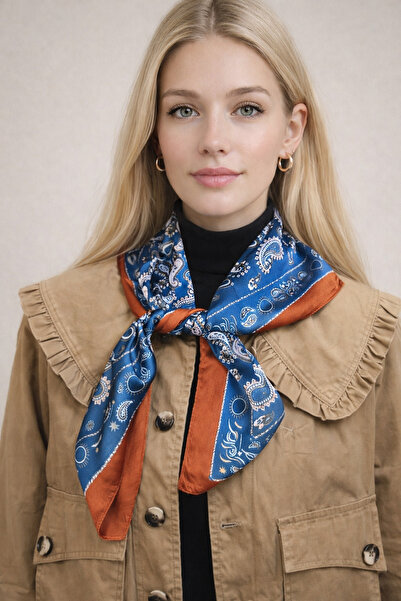 Şirin Giyim Aksesuar Women's Scarf Satin Ethnic Pattern Silky Navy Blue - Ban...