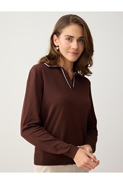 Jimmy Key Кафява блуза с дълъг ръкав, поло яка и плетен деколте