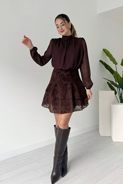 MARTYZ Floral Embroidered High Neck Chiffon Dress