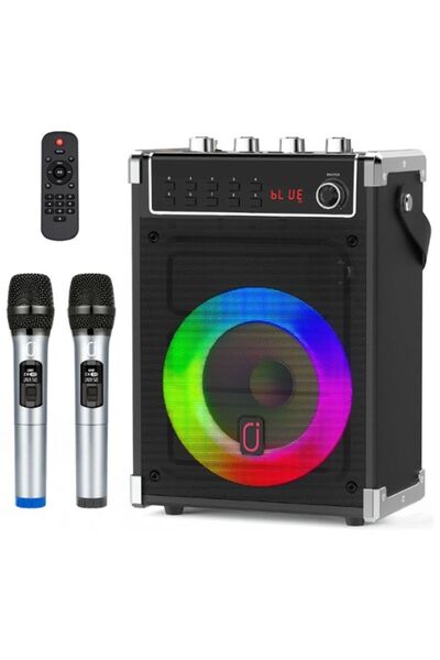 Karaoke Makinesi – 2 Kablosuz Mikrofonlu Bluetooth Hoparlör | LED Işıklı Taşınabilir Ses Sistemi