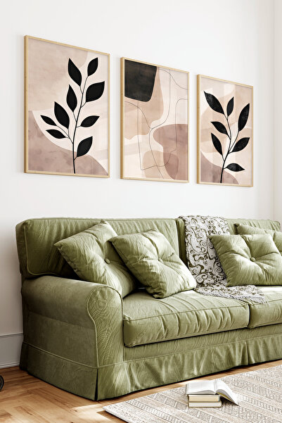 Wooden Frame 2D UV Print 3-Piece Table set–Minimalist Linear Leaf Pattern- CRV1346
