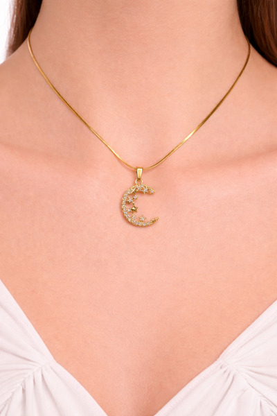 femline قلادة نسائية لامعة من حجر نجمة القمر باللون الذهبي